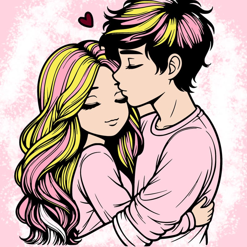 a realistic couple boy and girl hugging and kissing