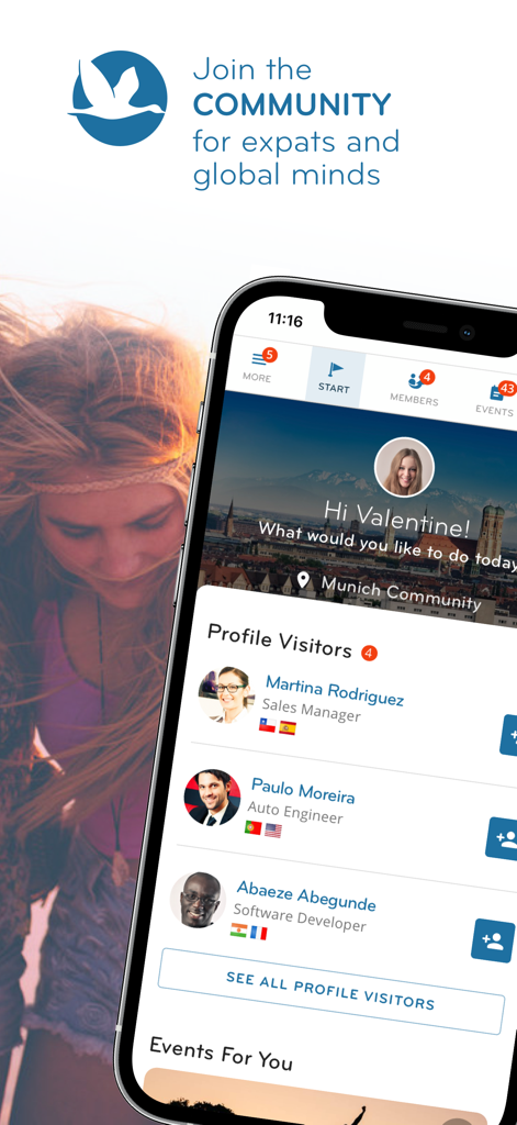 InterNations - Smartphone mit der InterNations-App-Oberfläche, die Profilbesucher und Mitglieder der professionellen Expat-Community zeigt