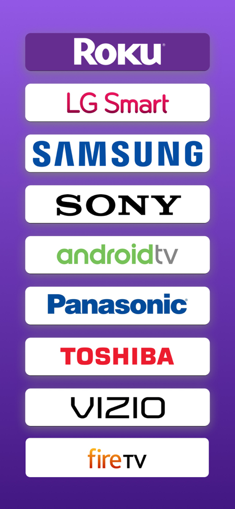 TV Remote Control Universal AI - A list of compatible smart TV brands including Roku, LG, Samsung, Sony, and Android TV.