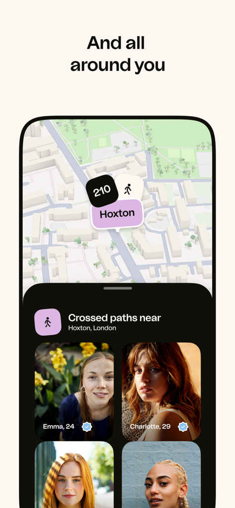 Happn dating app interface showing a map view of local users you have crossed paths with in an urban area.