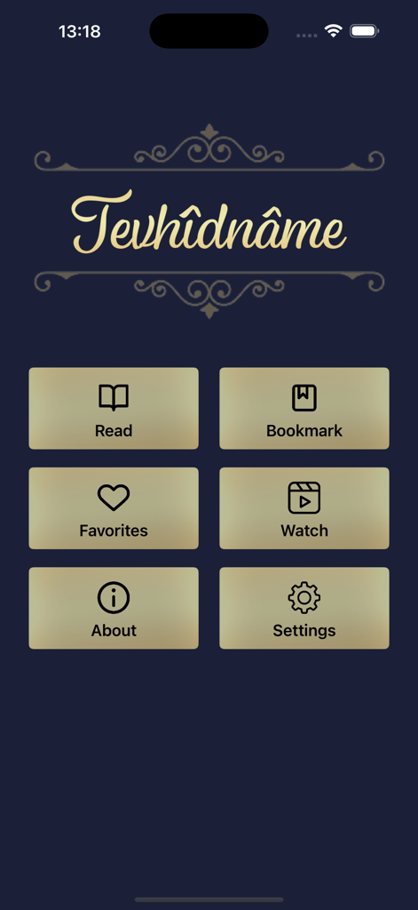 Tevhidname - Tevhidname app main menu with options for reading bookmarking favorites and watching