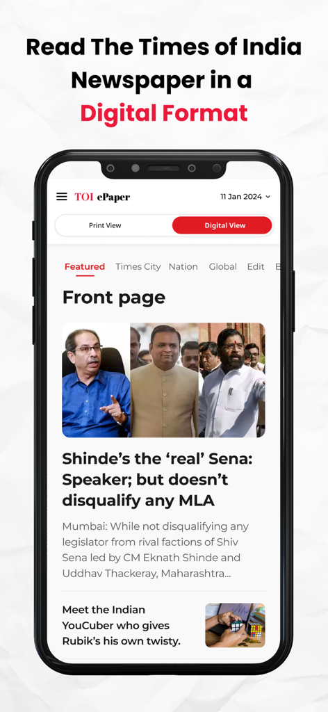 Smartphone screen displaying the Times of India ePaper app with the front page news.