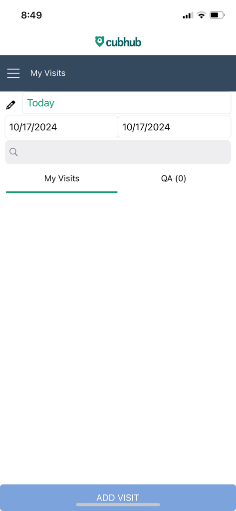 CubHub - Interface of the CubHub medical app showing the My Visits dashboard for home health professionals with date filters and an add visit button.