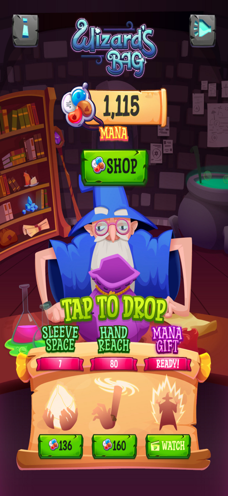 Wizards Bag - A whimsical cartoon wizard standing behind a purple magical bag with game upgrade options and mana counter