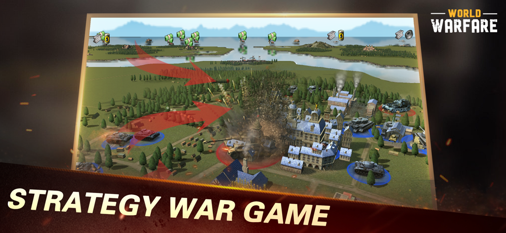 World Warfare - World Warfare strategy game battlefield showing WWII tanks and air units attacking a base