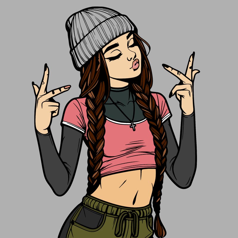 realistic teenage girl with braids and a beanie and crop top doing 🫶🏼