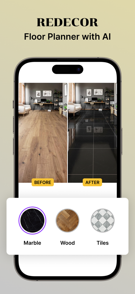 AI Home Decor: Interior Design - Comparación de antes y después de suelos de madera frente a baldosas de mármol negro en una aplicación de diseño de interiores con IA.