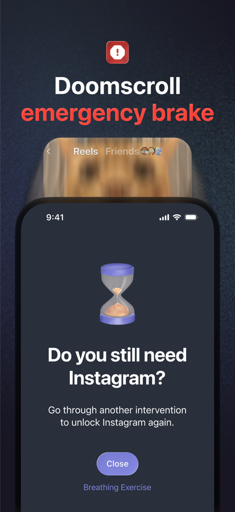 one sec | screen time + focus - Smartphone screen displaying the one sec app's intervention prompt to stop doomscrolling on Instagram.