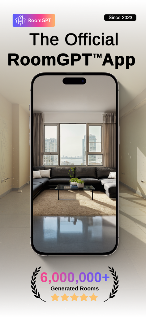 RoomGPT : AI Interior Design - Official RoomGPT app preview showing an AI-generated living room design on a smartphone screen