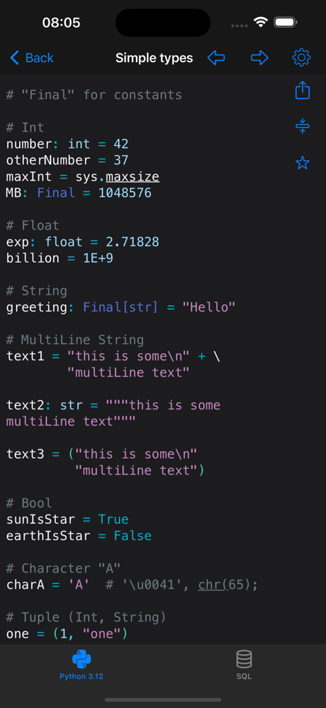 Python & SQL - Python code examples for simple data types like integers, floats, and strings in the Python and SQL app.