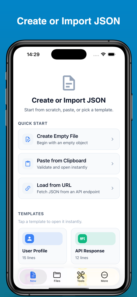 Interface pour créer ou importer des données JSON à partir du presse-papiers, d'une URL ou de modèles