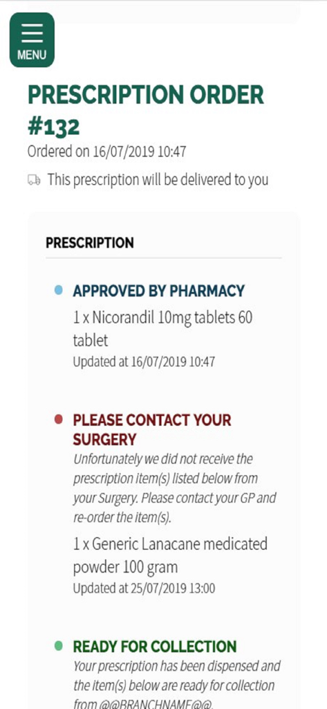 The Prescription App - Schermata dell'app che mostra lo stato degli ordini di prescrizione medica e gli aggiornamenti di consegna