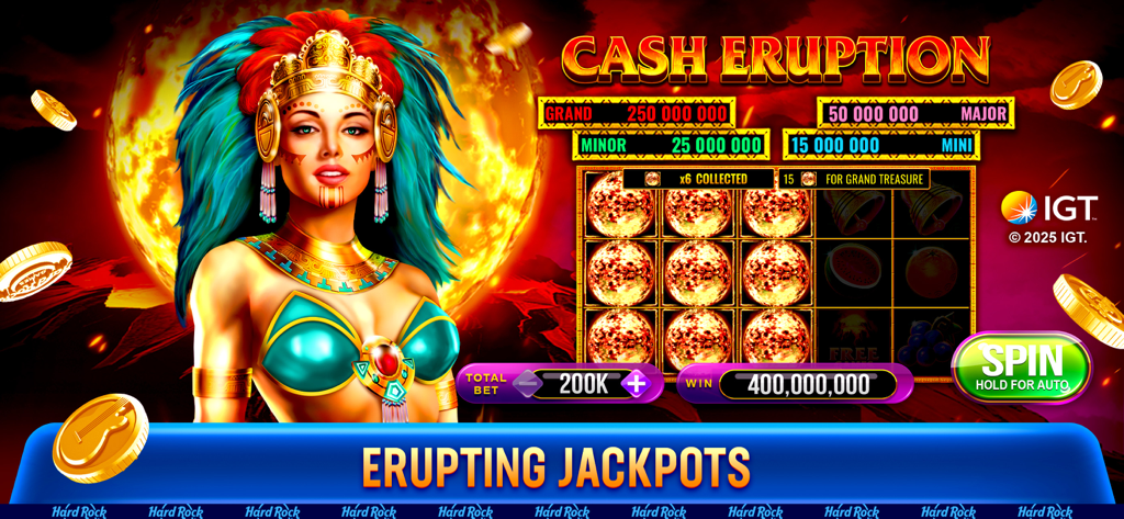 Gameplay of the Cash Eruption slot machine in Hard Rock Jackpot Planet featuring an Aztec character and jackpot rewards