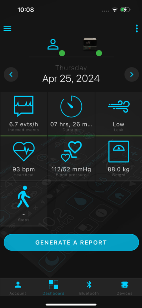 Painel do Sefam Access Lite mostrando métricas de tratamento de CPAP e de saúde.