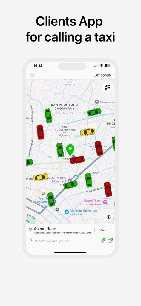Flash Delivery LAO - Lao Taxi app map interface showing available vehicles and pickup location in Vientiane