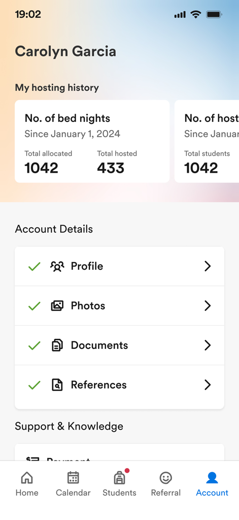 Account dashboard of the EF Homestay app displaying hosting history metrics and user account settings.