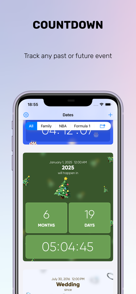 Countdown. Time to event. - iPhone screen showing a countdown app tracking time until New Year 2025 and other personal events.