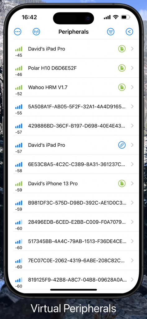 BluKit Workbench - A list of discovered Bluetooth devices and virtual peripherals in the BluKit Workbench app showing device names and signal strength