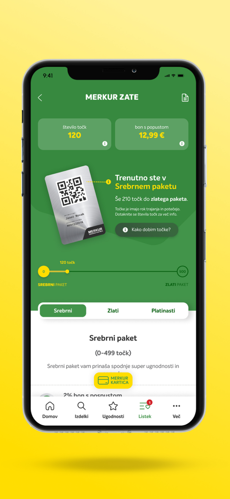MERKUR Zate - Aplicativo de fidelidade MERKUR Zate mostrando pontos de recompensa e status de membro de nível prata