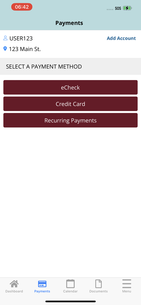 Tela móvel do aplicativo PARAGON FS mostrando opções de pagamento para eCheck, cartão de crédito e pagamentos recorrentes
