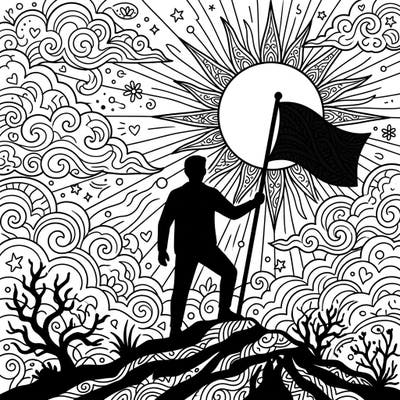 Celebrate resilience and success with this striking sun silhouette coloring template, perfect for inspiring moments of reflection. Featuring a triumphant figure on a mountain peak against a beautifully detailed sun and sky, it offers a deeply rewarding creative escape.