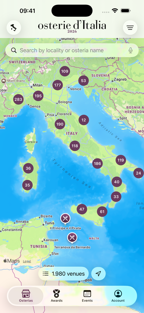 Eine Karte von Italien, die Cluster von empfohlenen traditionellen Restaurants innerhalb der Osterie d Italia 2026 App zeigt.