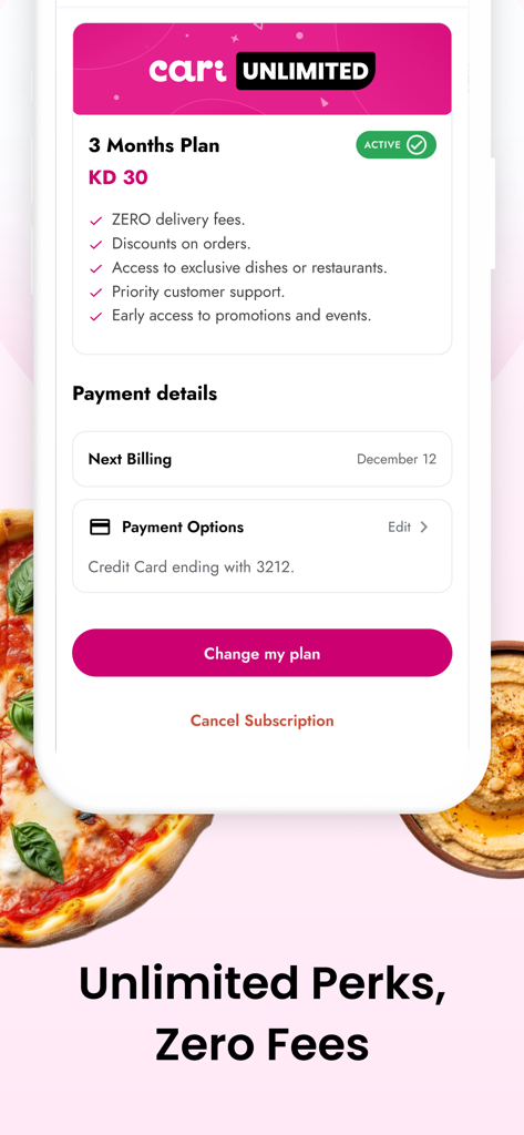 Cari: The best food delivered - Interface of Cari app showing Cari Unlimited subscription plan details with zero delivery fees and exclusive benefits