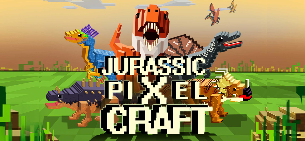 A group of colorful voxel style dinosaurs in a blocky landscape featuring the game title Jurassic Pixel Craft.