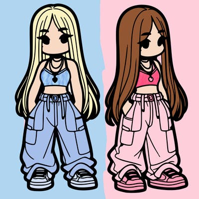 girl in baggy pants crop top and long hair