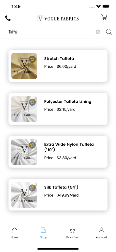 A mobile app interface displaying search results for various taffeta fabrics with wholesale pricing per yard.