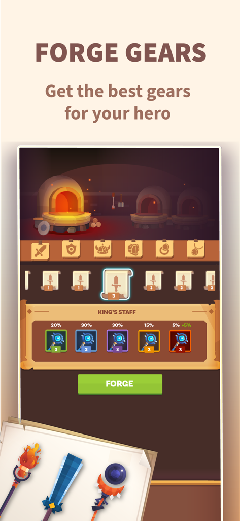 Interfaz de forja de equipo en la aplicación de productividad Focus Quest que muestra la creación de equipo para el héroe.