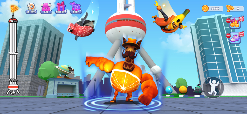 Brainzot Climb and Jump - Il personaggio principale, una giraffa arancione muscolosa, in piedi in un ambiente cittadino all'interno del gioco mobile Brainzot Climb and Jump.