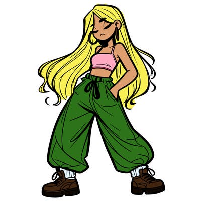 girl in baggy pants crop top and long hair