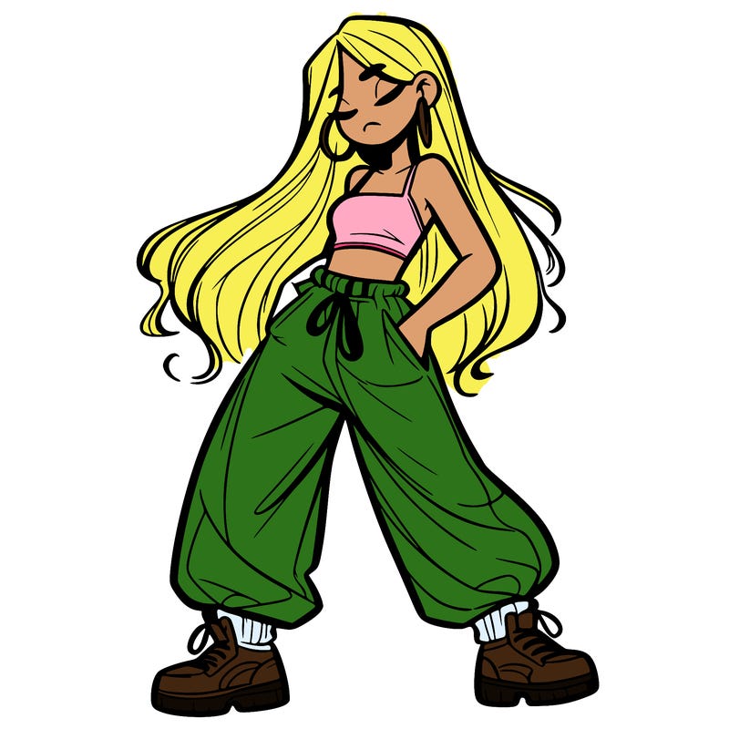 girl in baggy pants crop top and long hair