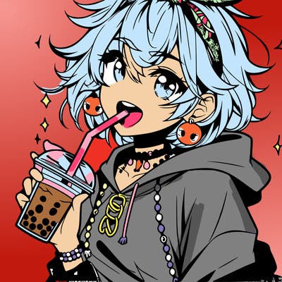 hot baddie anime girl drinking boba and biting the straw