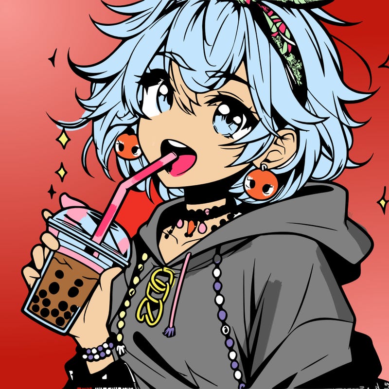hot baddie anime girl drinking boba and biting the straw