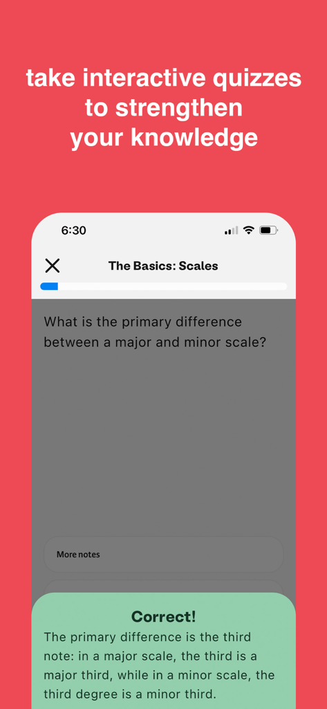 Treble - Learn Music Theory - Questão de quiz de teoria musical sobre escalas maiores e menores no aplicativo Treble.