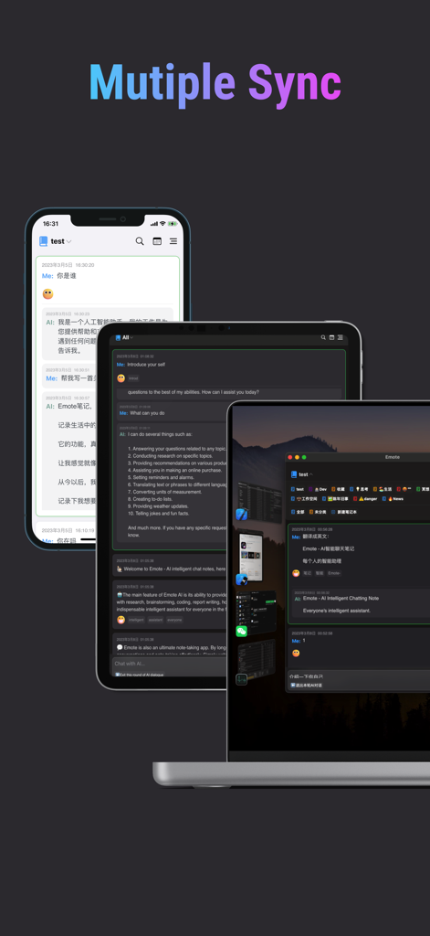 Emote - AI Note - Emote AI Note app showing multi device synchronization across iPhone iPad and laptop