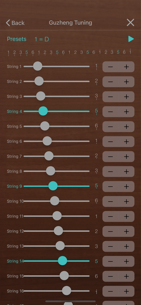 Interfaz de configuración de afinación para la aplicación versión iGuzheng Pro que muestra ajustes de cuerdas individuales