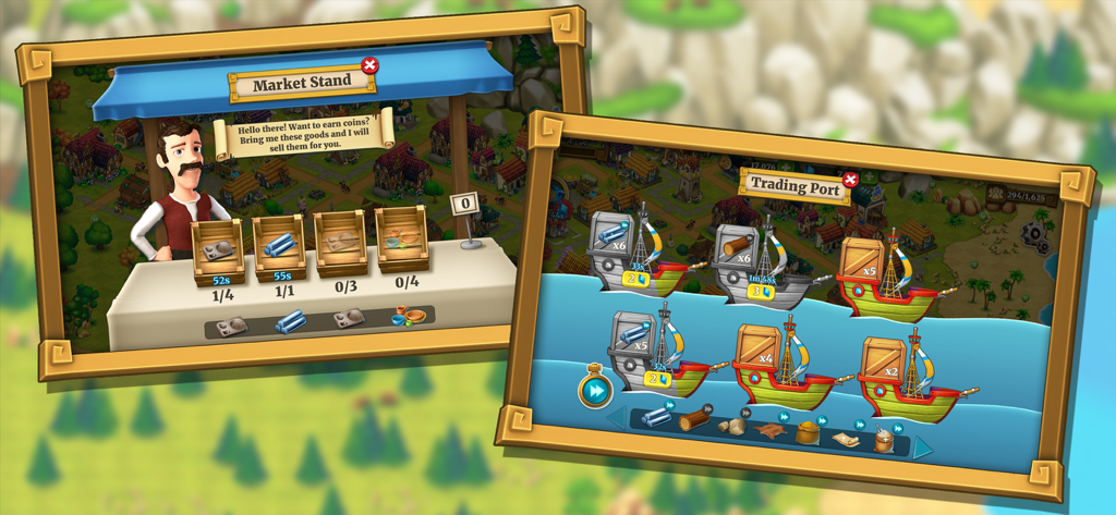 Gameplay-Screenshots, die den Marktstand und den Handelshafen in Town Village zeigen