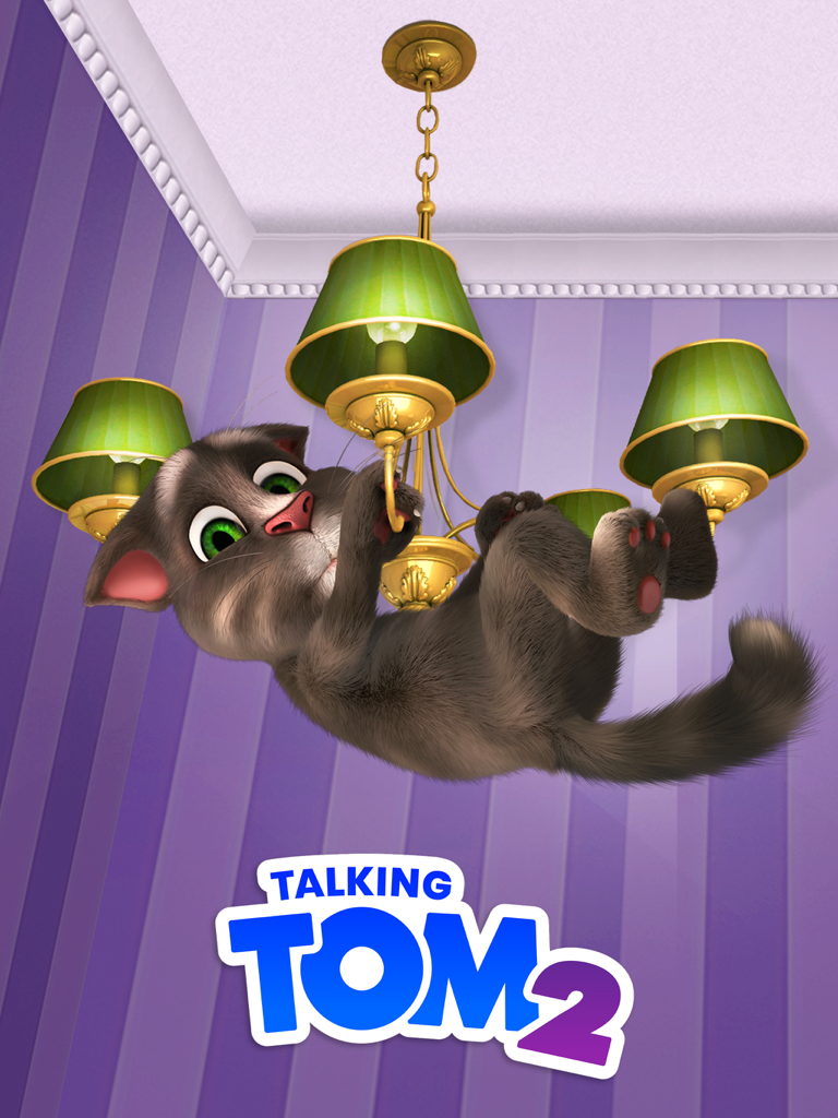 Talking Tom Cat 2 hanging playfully from a green chandelier.
