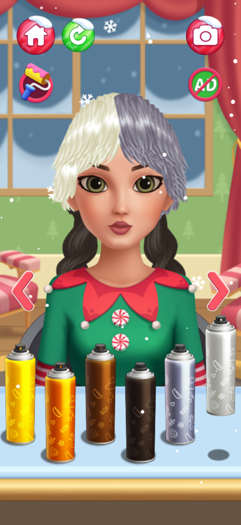 Uma garota com cabelo de duas cores usando latas de spray de cores em um salão de beleza temático de inverno