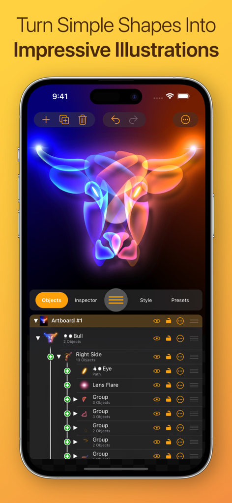 Logoist 5 - Logoist 5 app interface on an iPhone showing a glowing neon bull illustration and advanced layer management tools