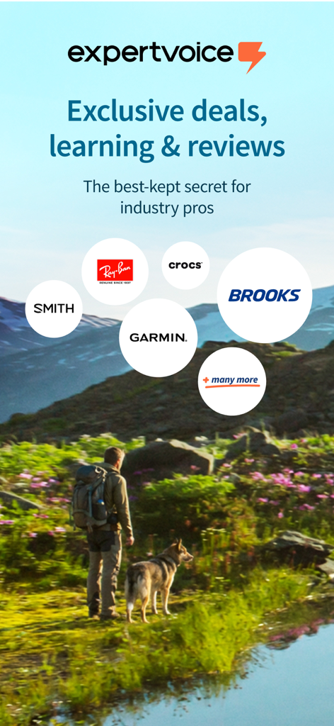 ExpertVoice app screen featuring exclusive deals for industry professionals with brands like Garmin Ray-Ban and Brooks
