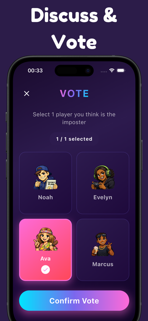 Imposter Game -Spy - Interfaz de votación en la aplicación móvil Imposter Game que muestra avatares de jugadores y el botón Confirmar voto
