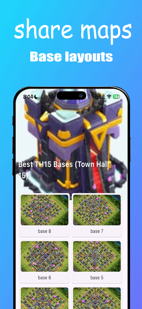 Maps Base For Clash of Clans - Interfaz de la aplicación Mapas de Base Para Clash of Clans mostrando opciones de diseño para el Ayuntamiento 15