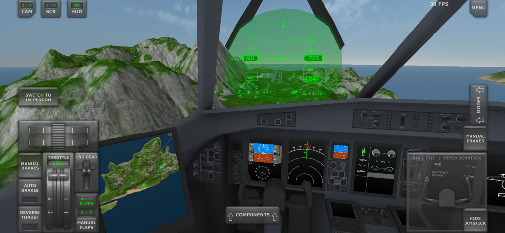Turboprop Flight Simulator - Vista de cockpit em primeira pessoa de um avião turboélice com um HUD detalhado voando sobre montanhas verdes.
