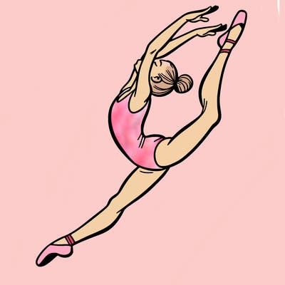 gymnast doing a leap in a leotard with a bent back leg