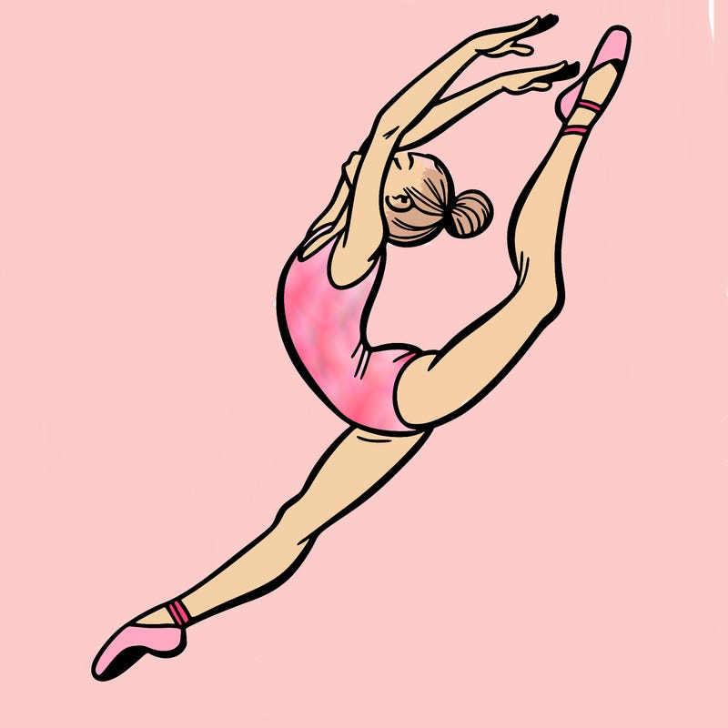 gymnast doing a leap in a leotard with a bent back leg
