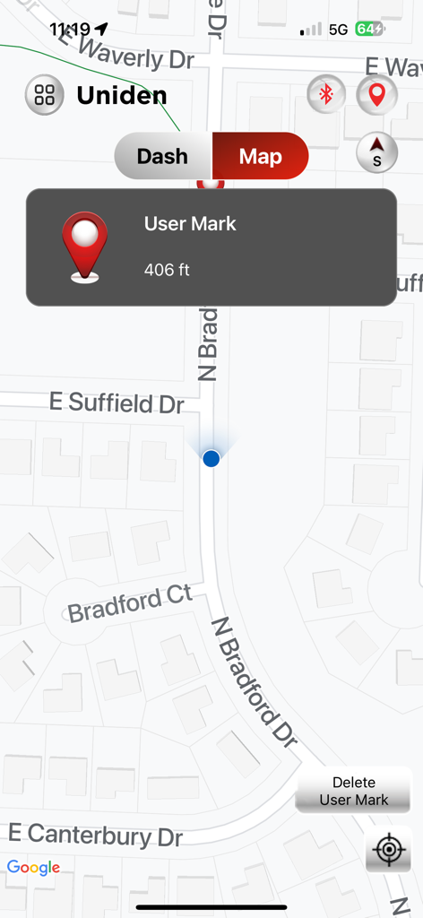 Uniden R/TACH - Uniden RTACH app map screen displaying a user mark alert and street navigation